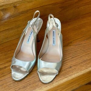 Manolo Blahnik, silver open toe heels